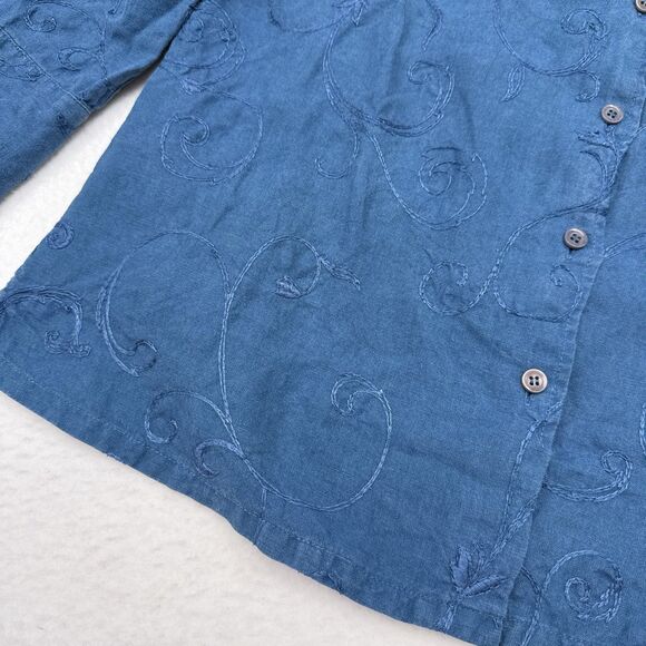 Talbots Linen Top Size Medium‎ Blue Chambray Floral Embroidered Irish Linen Boho - Picture 4 of 10